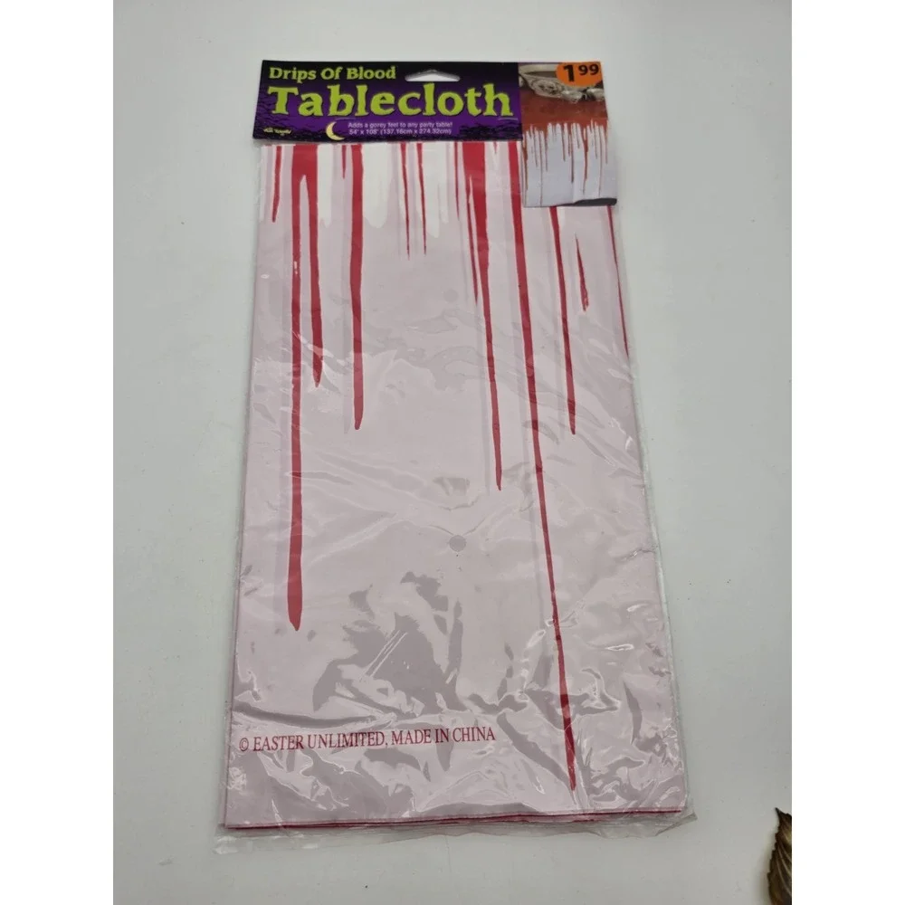 Nos Vtg Drips Of Blood Rectangular Tablecloth, Polyethylene, White, Halloween